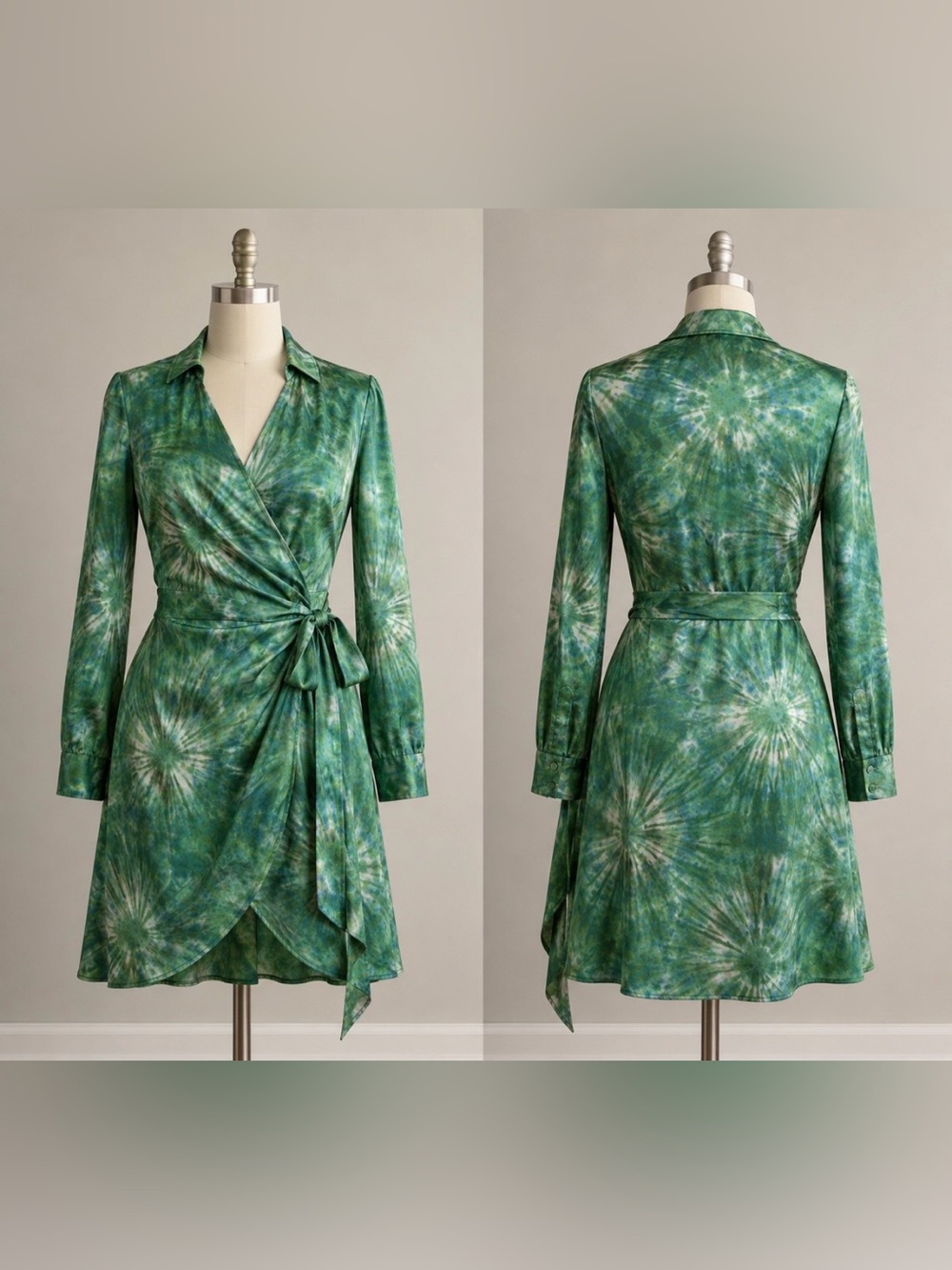 Green Tie-Dye Wrap Dress with Long Sleeves - Picture 1 of 3